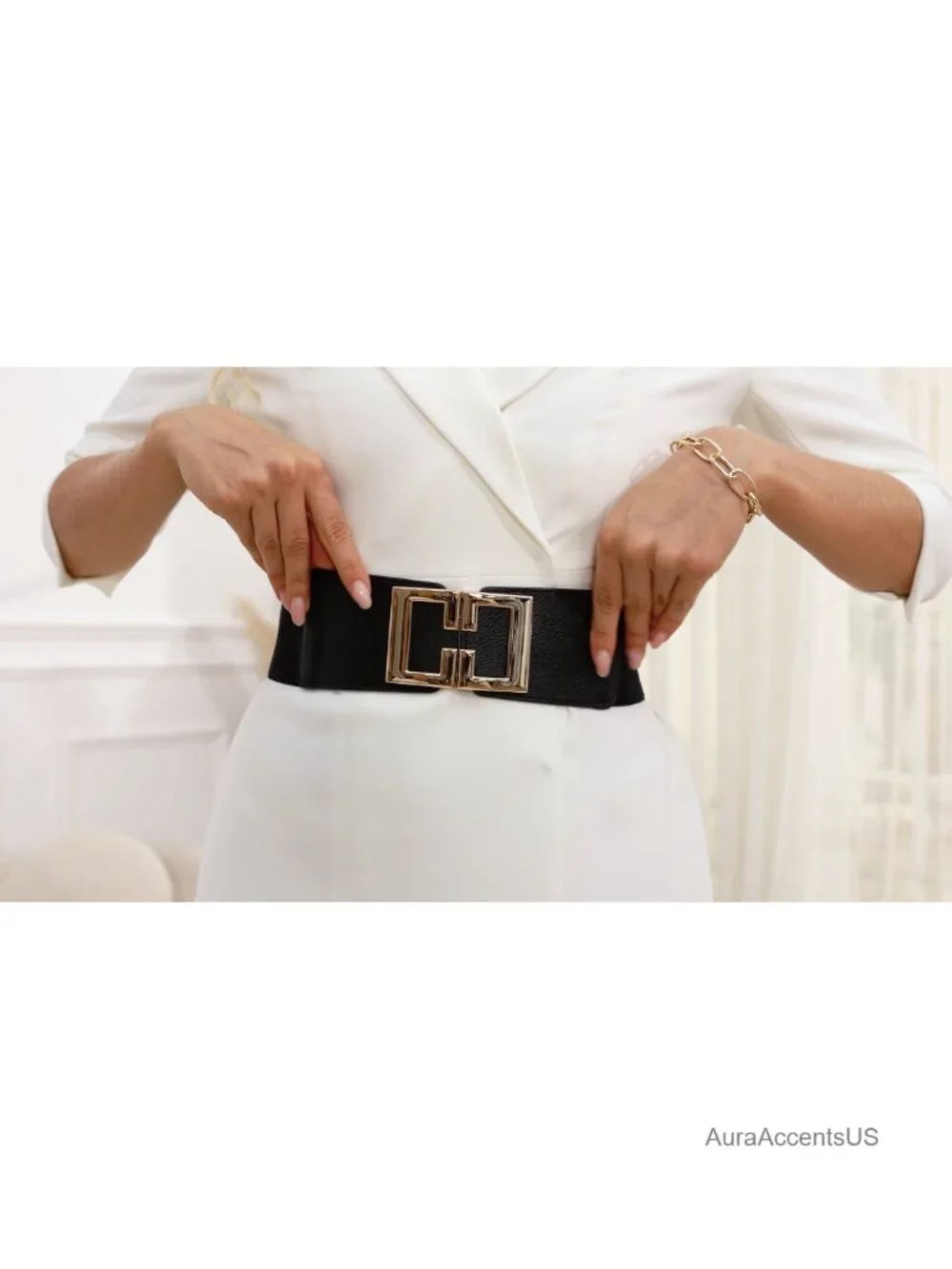 Wide Elastic Belt with Gold Buckle Stretchy Waist Belt for Dresses